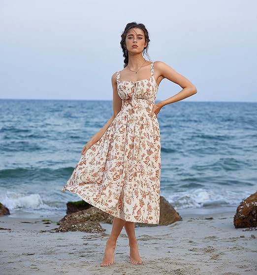 Abito floreale beige e arancione